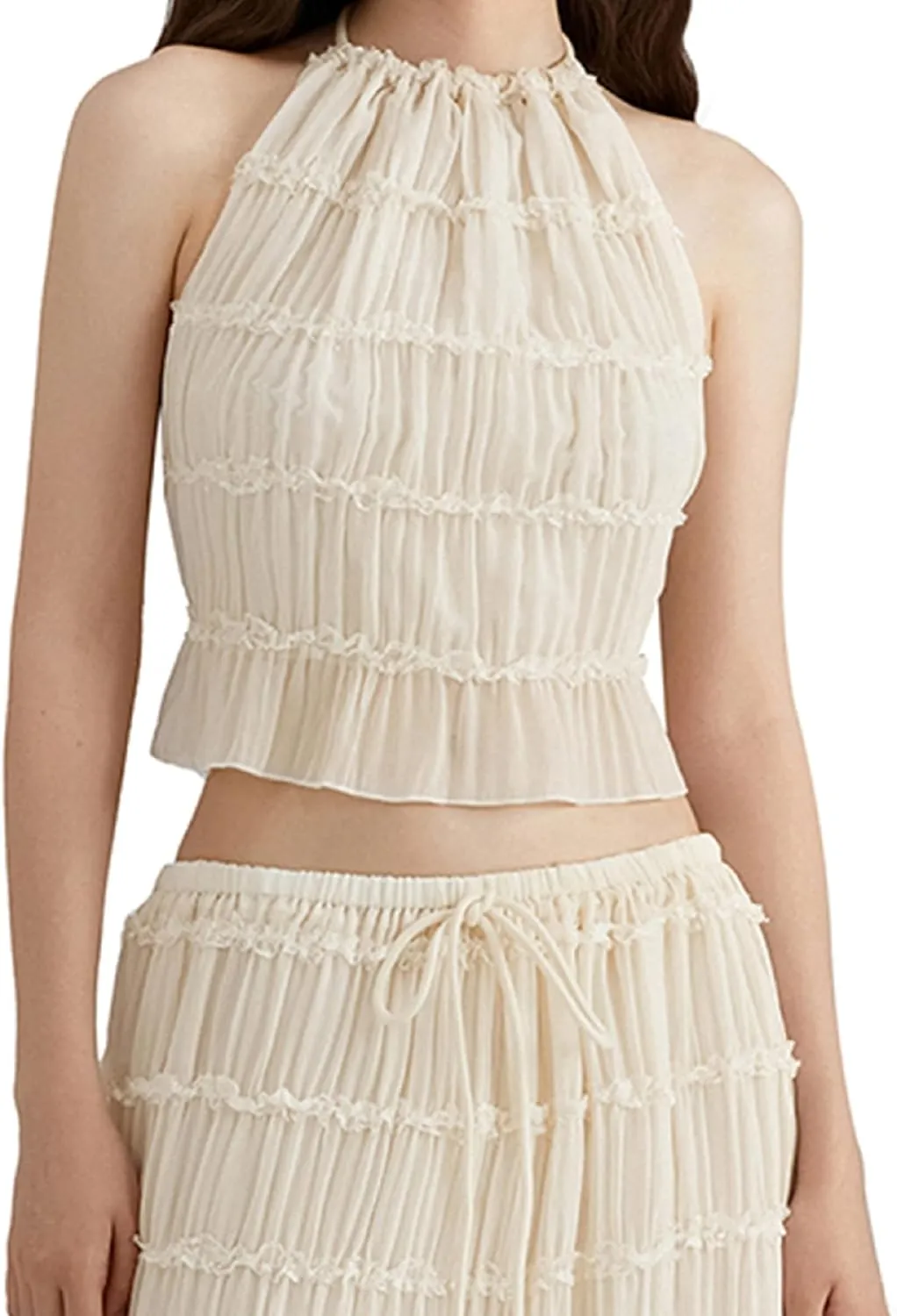 Backless Halter Tops for Women Y2k Tie Back Ruffle Cami Top Sleeveless Smocked Going Out Tank Vest