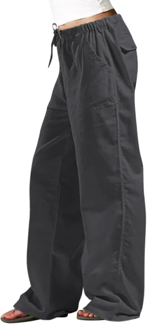 Baggy Linen Pants Women Plus Size 5XL Drawstring Elastic Palazzo Pants Summer Wide Leg Beach Trousers with Pockets