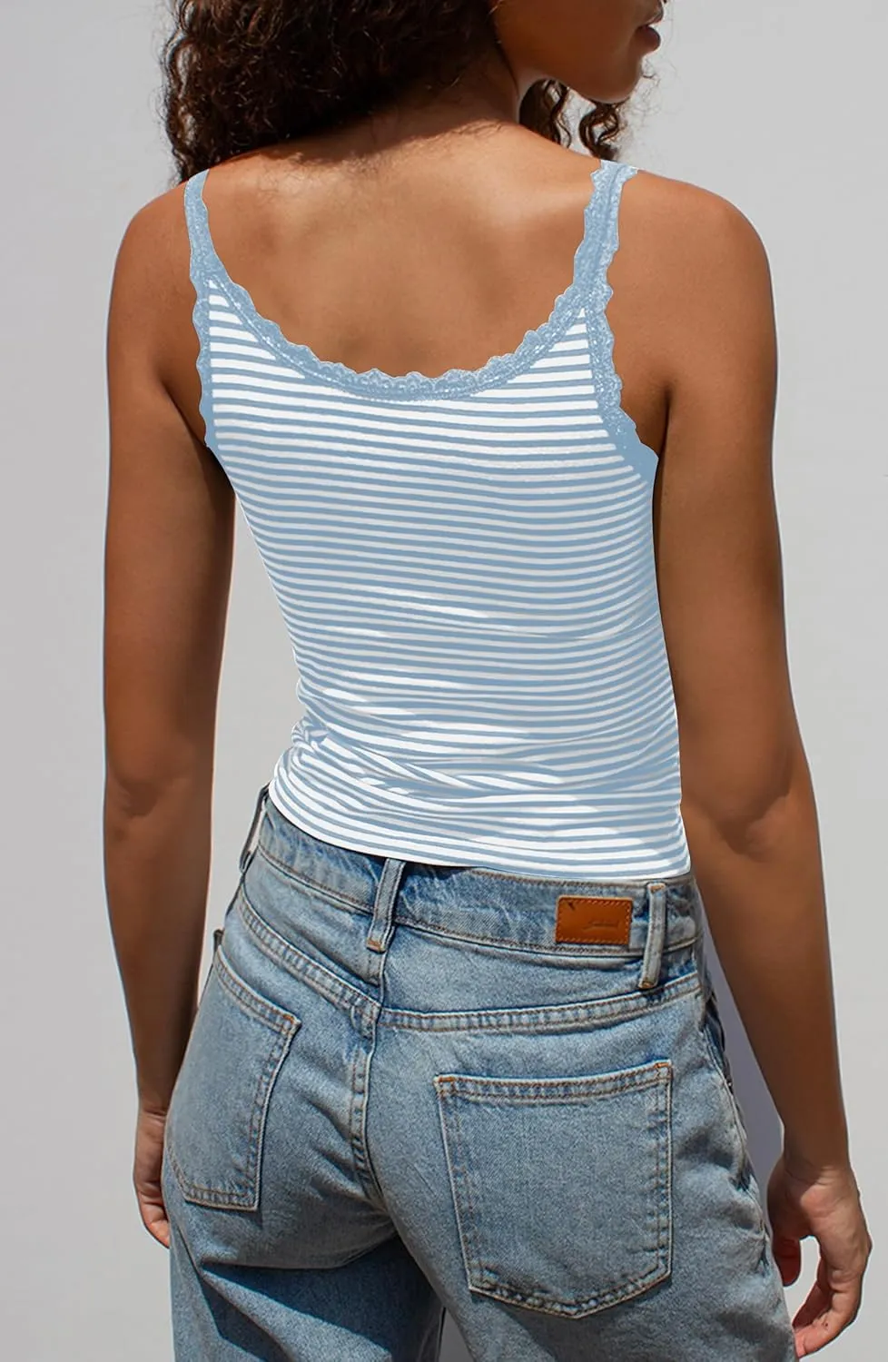 BAIGRAM Women Y2K Going Out Striped Camisole Tops Lace Patchwork Scoop Neck Spaghetti Strap Crop Tank Tops Cute Coquette