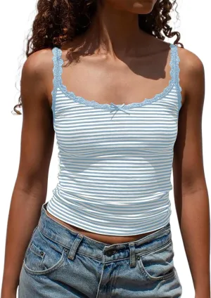 BAIGRAM Women Y2K Going Out Striped Camisole Tops Lace Patchwork Scoop Neck Spaghetti Strap Crop Tank Tops Cute Coquette