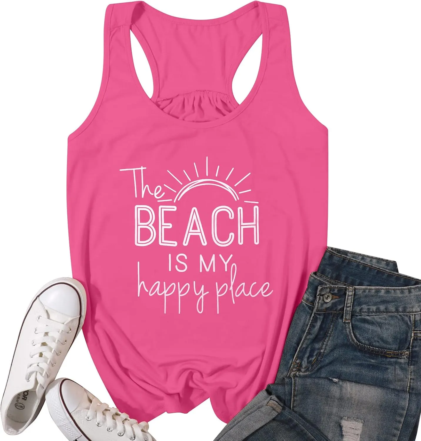 BANGELY The Beach is My Happy Place Tank Tops Women Summer Beach Tank Casual Sleeveless Vacation Shirt Camis