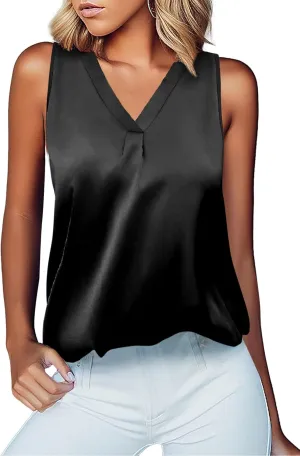 Beyove Womens Tank Tops 2024 V Neck Casual Silk Satin Cami Sleeveless Camisole Blouses Summer Basic Tank Shirt