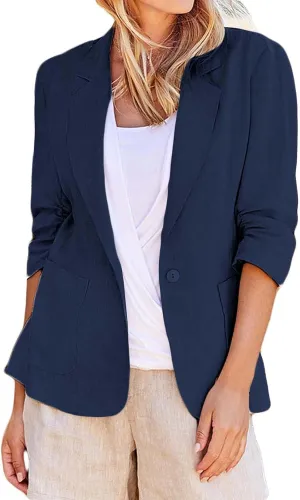 Binmer 2024 Fall Linen Blazer for Women 3/4 Stretchy Ruched Sleeve Suit Jacket Dressy Casual Lightweight Business Work Outfit