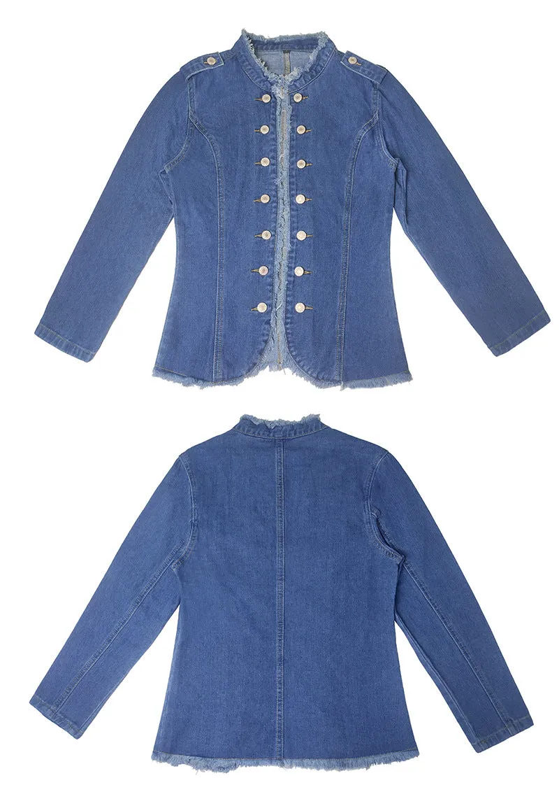 Blue Raw Trim Long Sleeves Single Breasted Button Denim Jacket