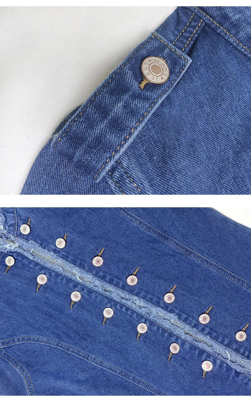 Blue Raw Trim Long Sleeves Single Breasted Button Denim Jacket
