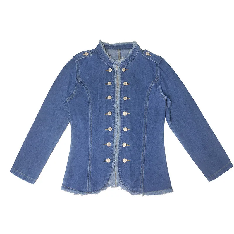 Blue Raw Trim Long Sleeves Single Breasted Button Denim Jacket