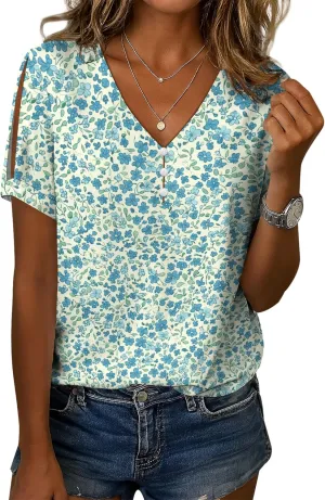 Boho T Shirt for Women V Neck Cold Shoulder Tunic Short Sleeve Floral Summer Blouse Vintage Country Tops for Leggings