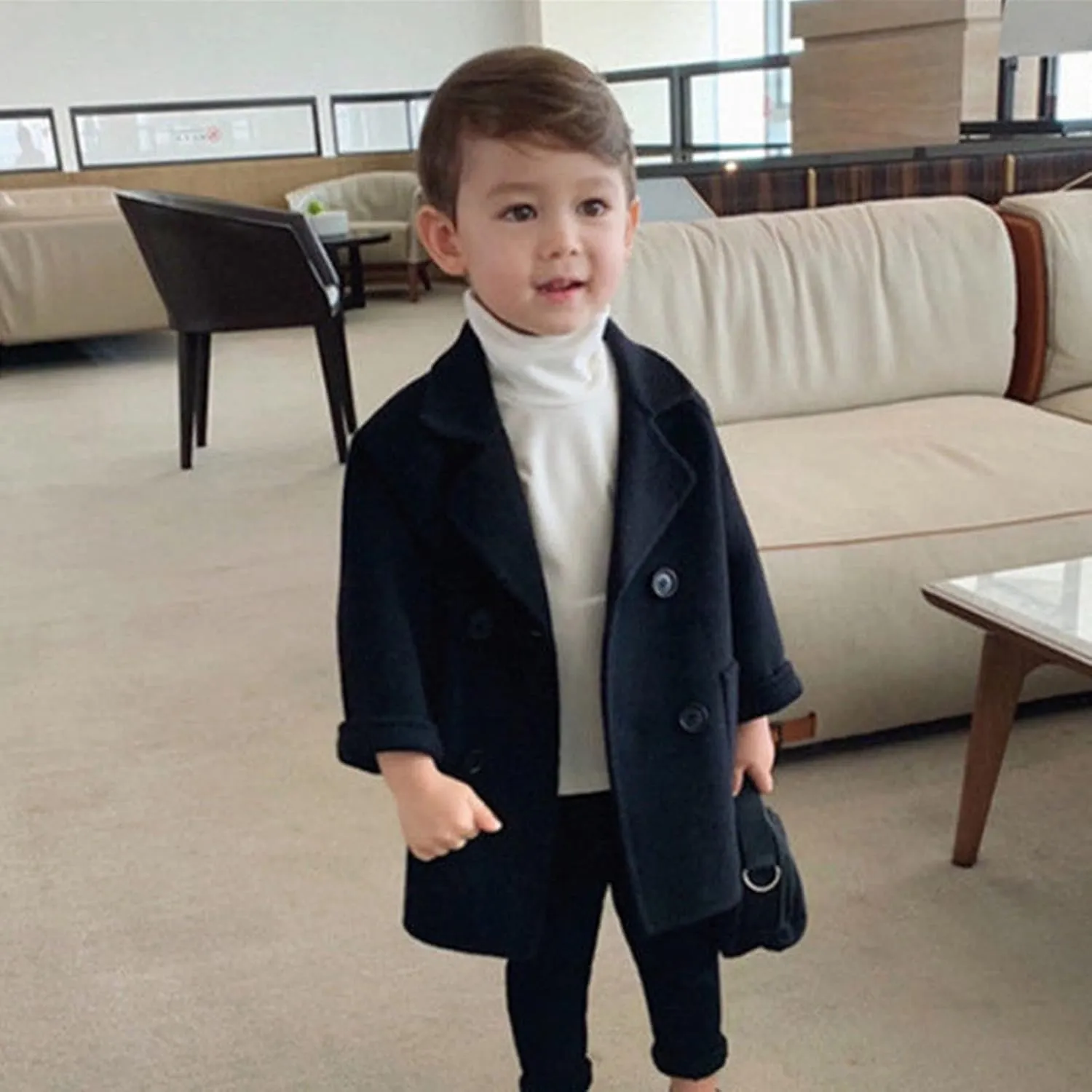 Boys Notch Lapel Double Breasted Long Trench Coat Casual Classic Peacoat Toddler Winter Collar Elegant Large Jacket