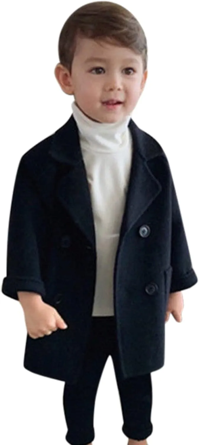 Boys Notch Lapel Double Breasted Long Trench Coat Casual Classic Peacoat Toddler Winter Collar Elegant Large Jacket