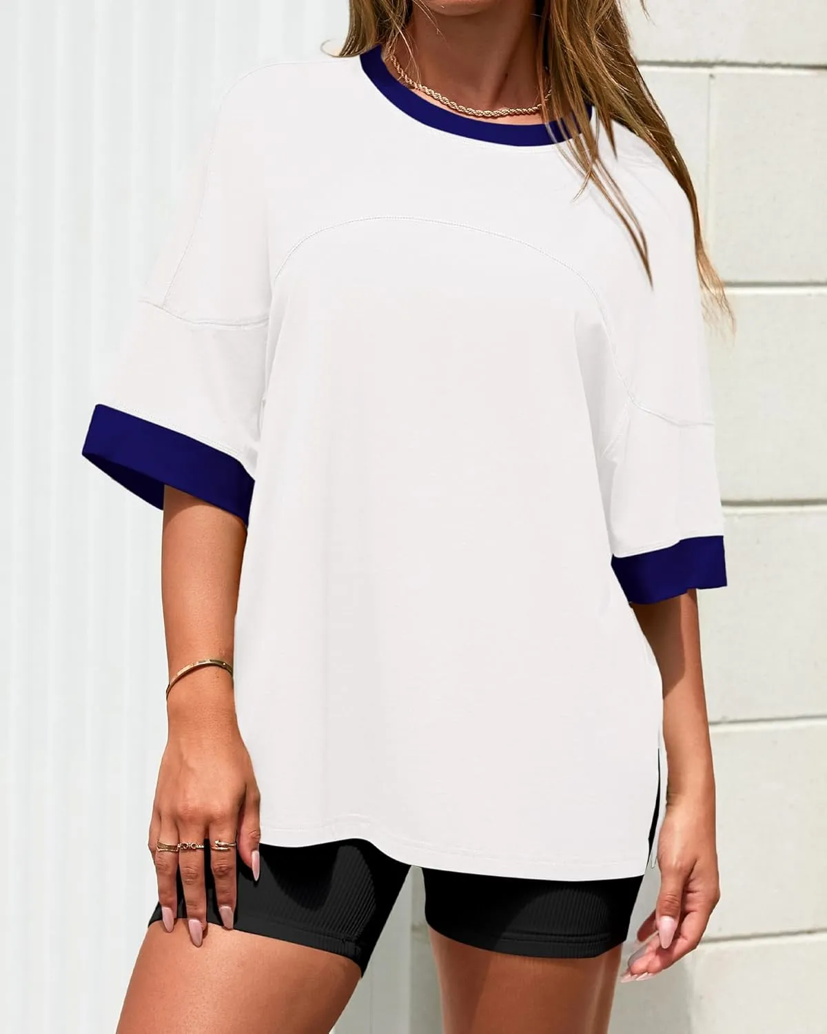 BTFBM Womens Oversized T Shirts Dressy Casual Short Sleeve Summer Tops Crew Neck Color Block Blouse Loose Fit Basic Tee
