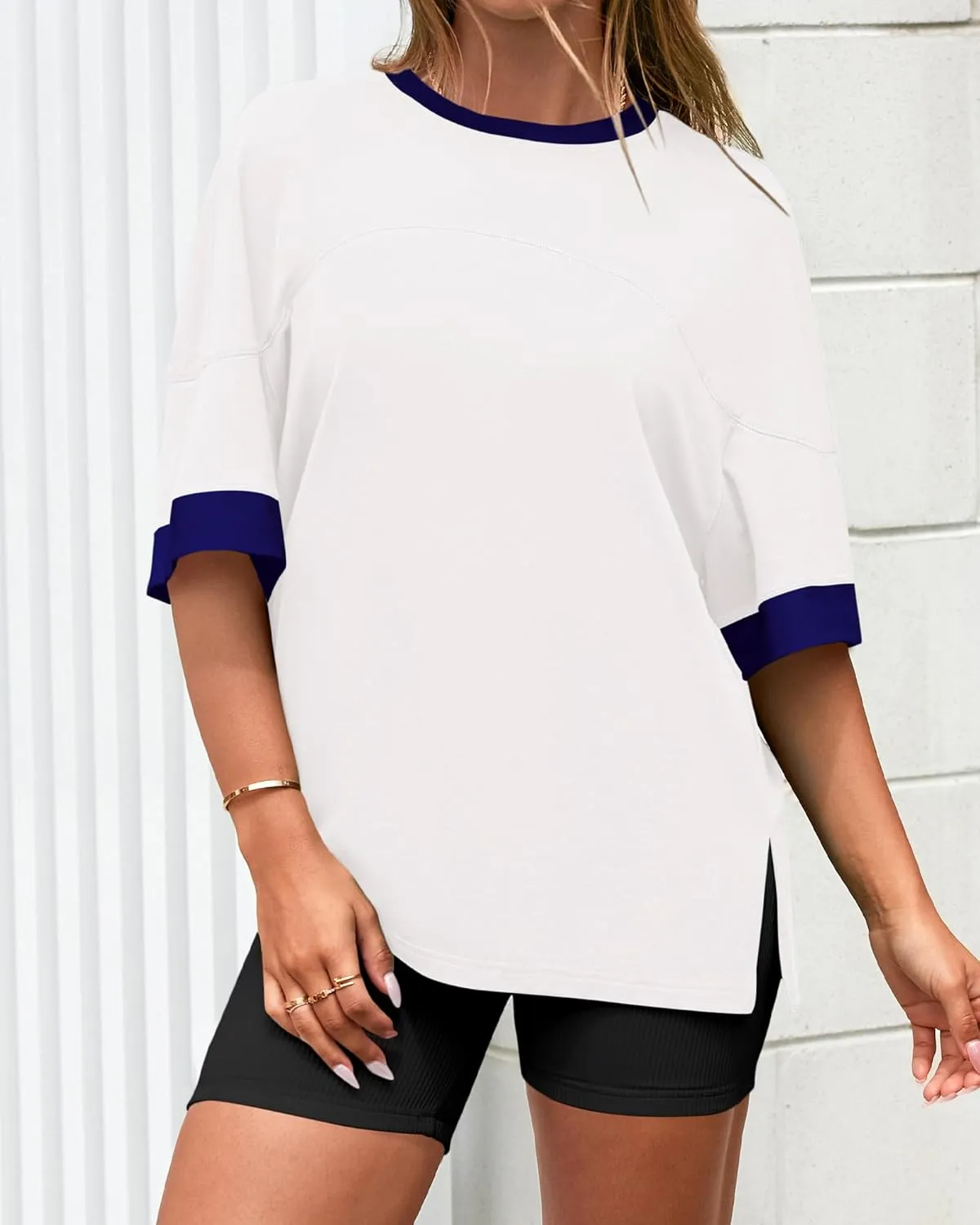 BTFBM Womens Oversized T Shirts Dressy Casual Short Sleeve Summer Tops Crew Neck Color Block Blouse Loose Fit Basic Tee