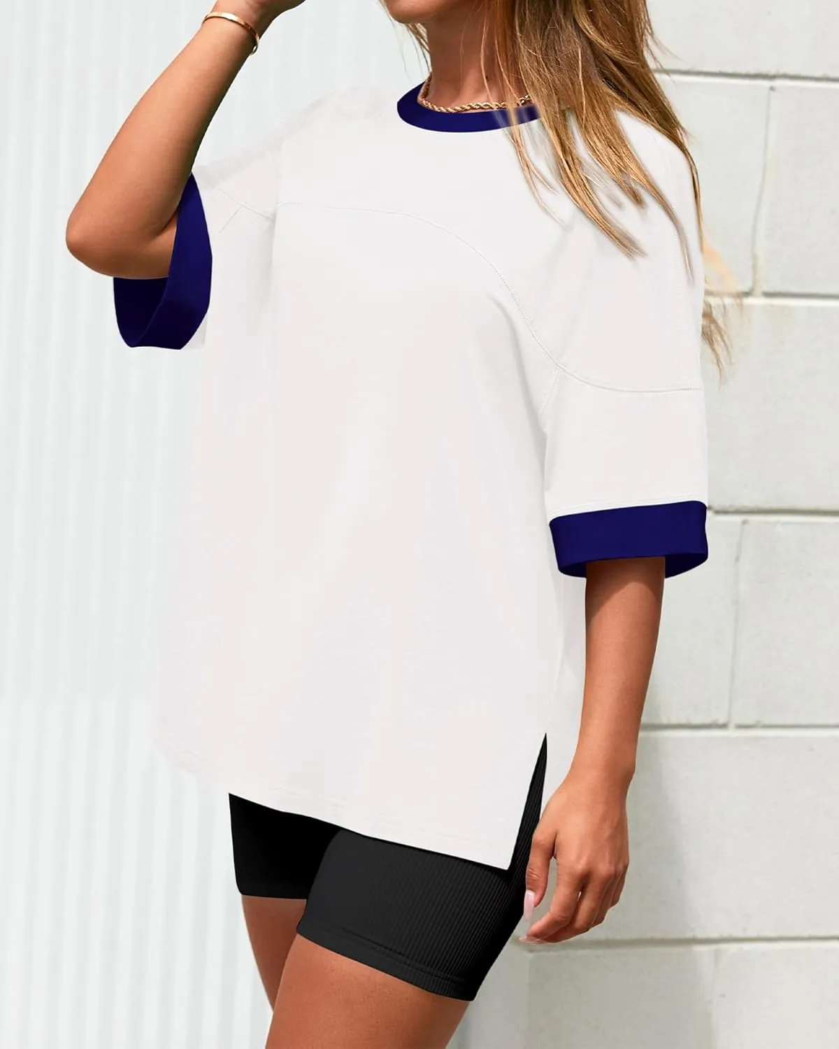 BTFBM Womens Oversized T Shirts Dressy Casual Short Sleeve Summer Tops Crew Neck Color Block Blouse Loose Fit Basic Tee