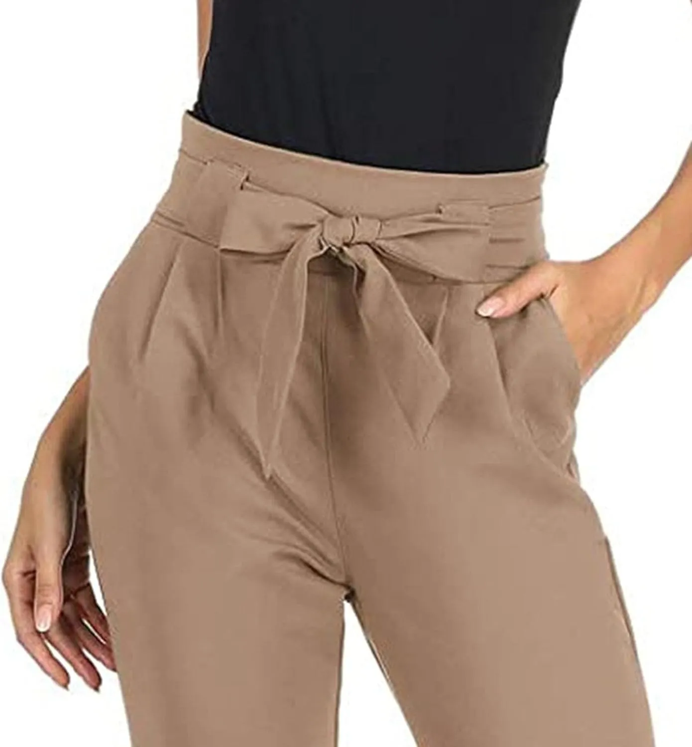 Business Casual Outfits for Women High Waist Pencil Pants with Pockets Bow-Knot Cropped Paper Bag Pants for Work
