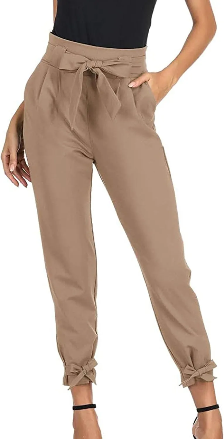 Business Casual Outfits for Women High Waist Pencil Pants with Pockets Bow-Knot Cropped Paper Bag Pants for Work
