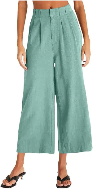 Business Casual Palazzo Pants for Women Wed Leg Linen Capri Pant Spring Summer Lounge Trouser Flowy Beach Pants Slacks