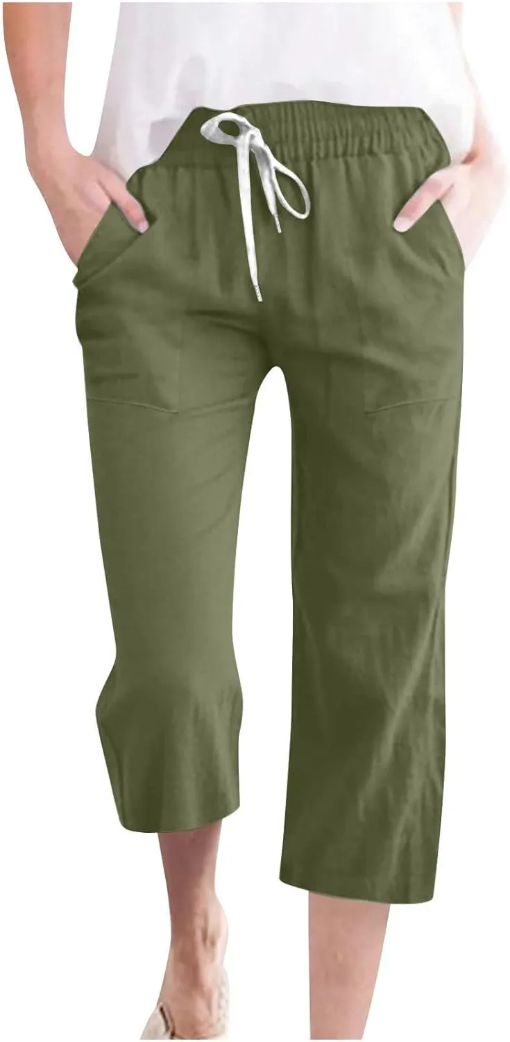 Capri Pants for Women Casual 2025 Summer Drawstring Elastic High Waist Linen Pant Straight Wide Leg Cropped Trousers