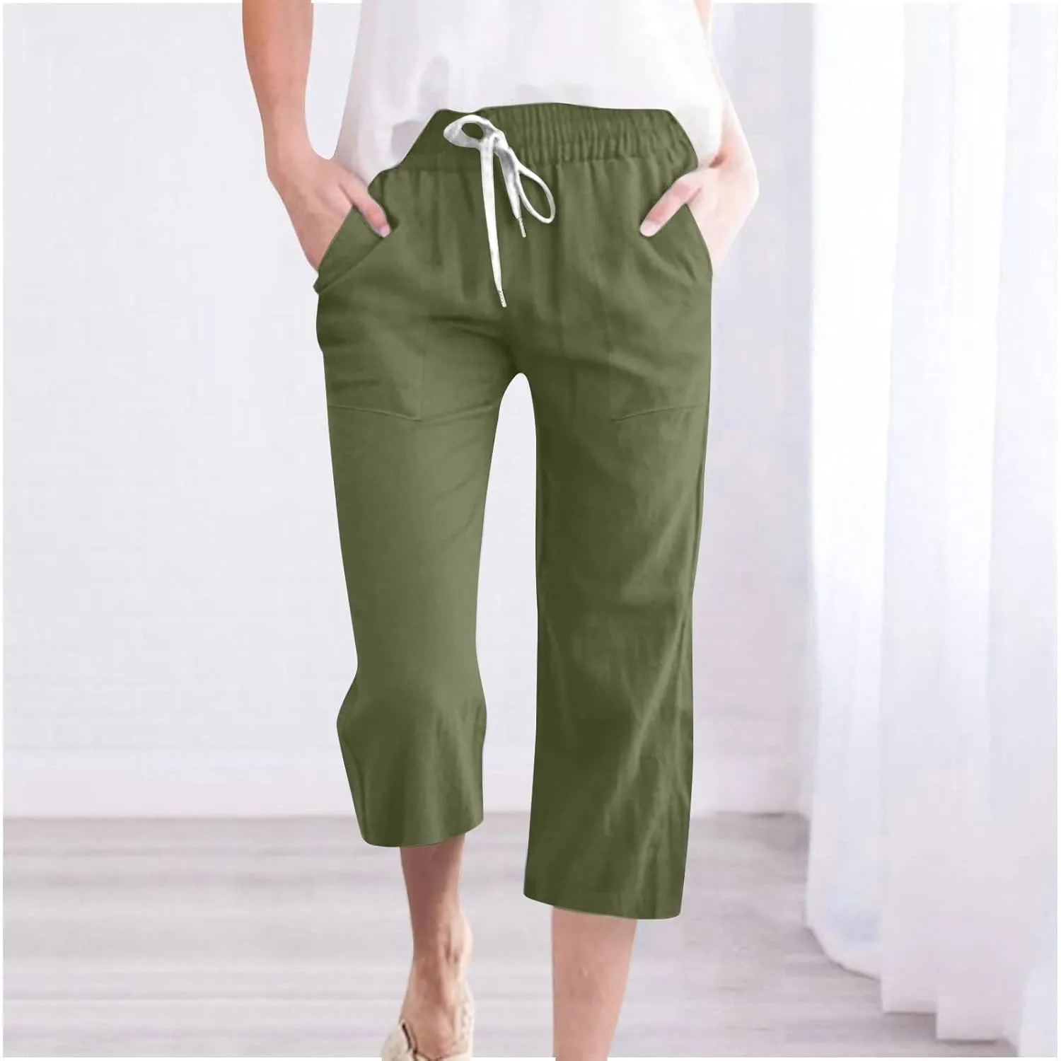 Capri Pants for Women Casual 2025 Summer Drawstring Elastic High Waist Linen Pant Straight Wide Leg Cropped Trousers