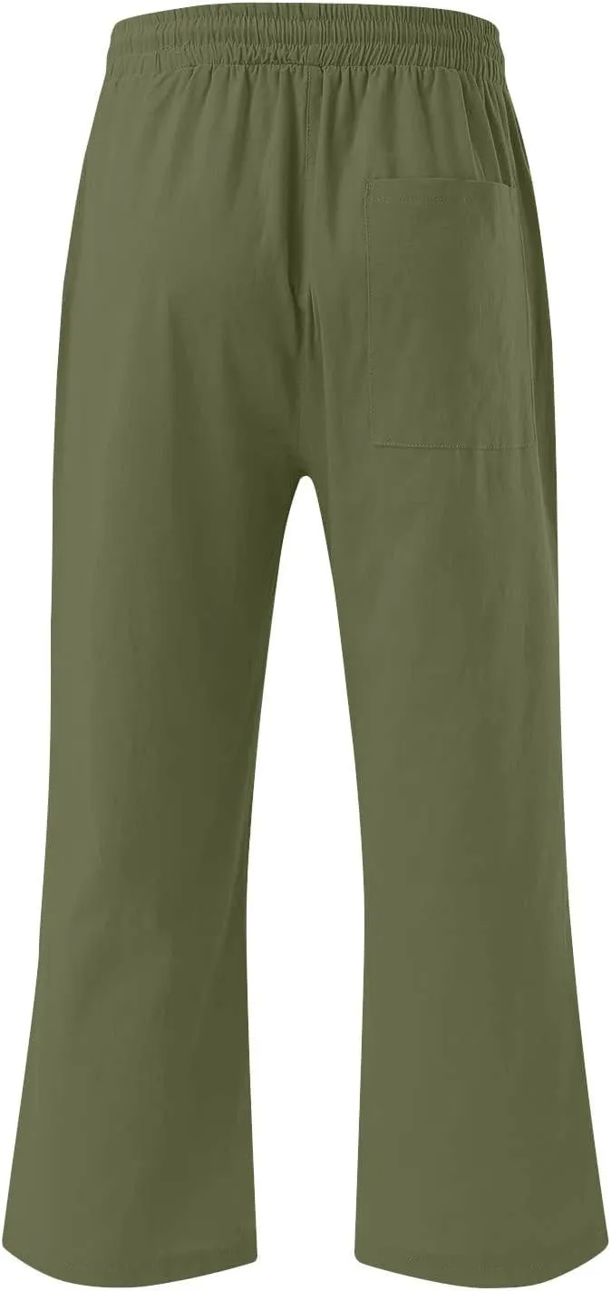 Capri Pants for Women Casual 2025 Summer Drawstring Elastic High Waist Linen Pant Straight Wide Leg Cropped Trousers
