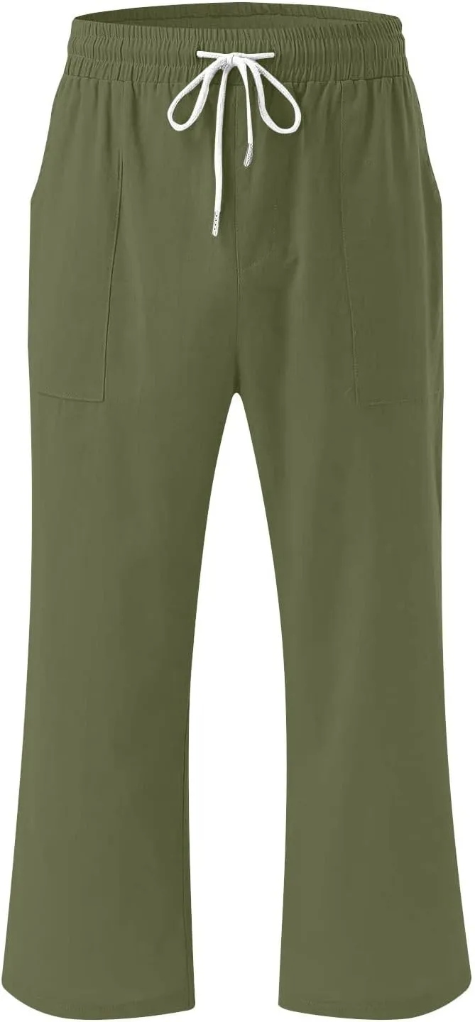 Capri Pants for Women Casual 2025 Summer Drawstring Elastic High Waist Linen Pant Straight Wide Leg Cropped Trousers