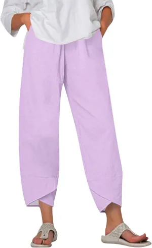Capri Pants for Women- Cotton Flowy Stretch Casual Loose Jogging Workout Baggy Striped Trendy Travel Light Weight