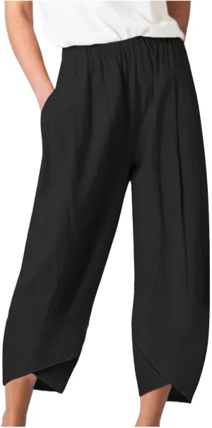Capri Pants for Women Cotton Linen High Elastic Waist Trousers 2024 Summer Casual Fashion Capri Trousers with Pocket