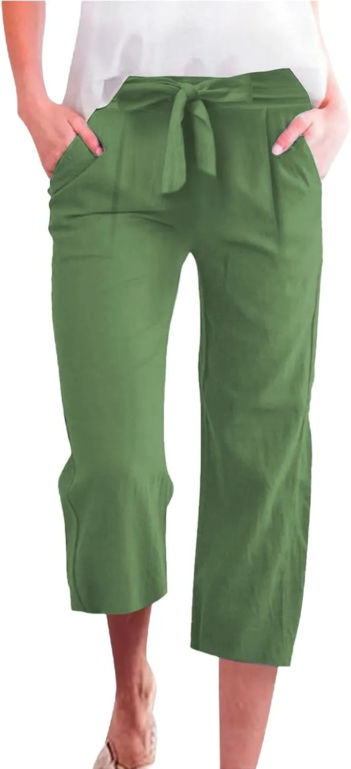 Capri Pants for Women Summer Casual Cotton Linen Straight Leg Pants 2025 Drawstring Elastic Waist Cropped Trouser