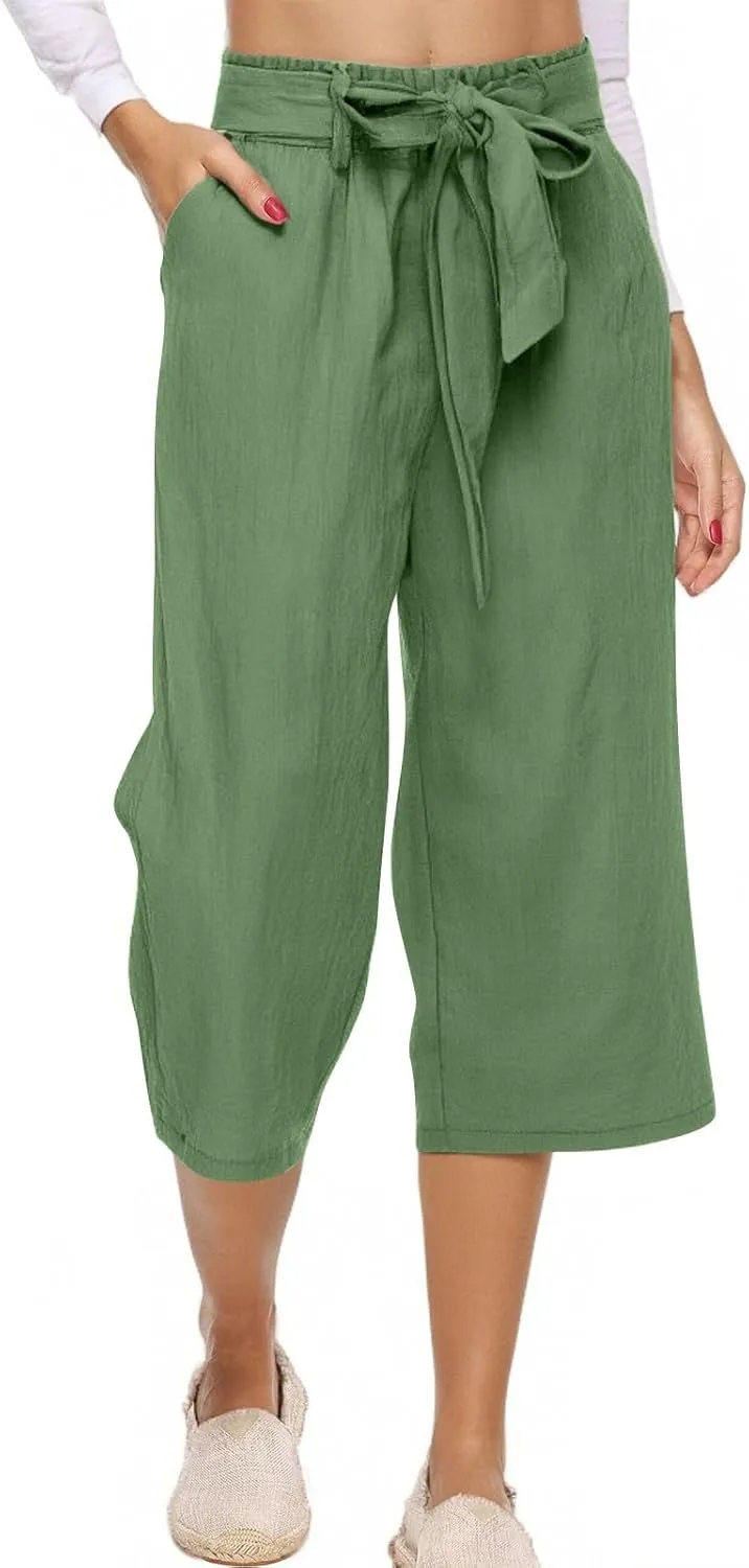 Capri Pants for Women Summer Casual Cotton Linen Straight Leg Pants 2025 Drawstring Elastic Waist Cropped Trouser