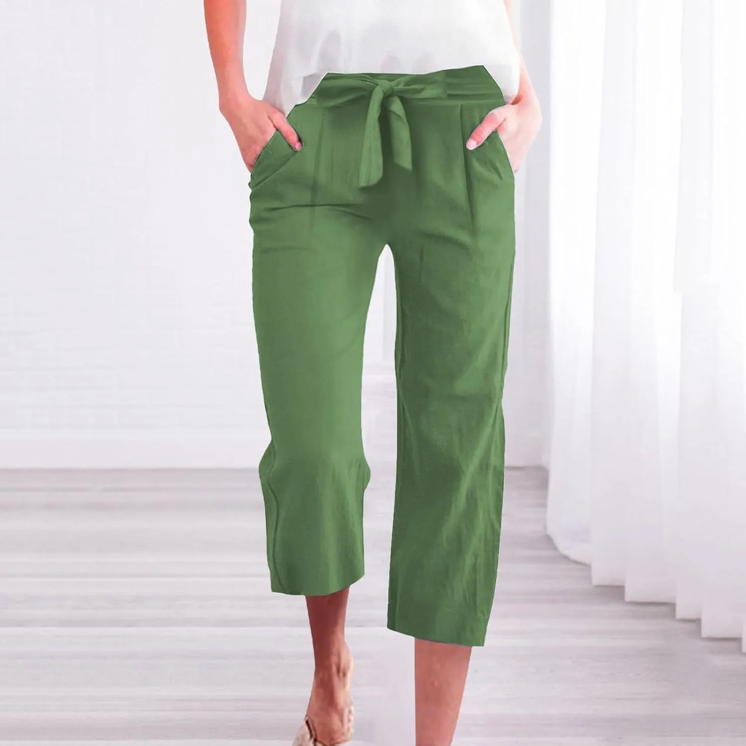 Capri Pants for Women Summer Casual Cotton Linen Straight Leg Pants 2025 Drawstring Elastic Waist Cropped Trouser