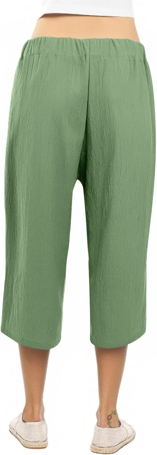 Capri Pants for Women Summer Casual Cotton Linen Straight Leg Pants 2025 Drawstring Elastic Waist Cropped Trouser