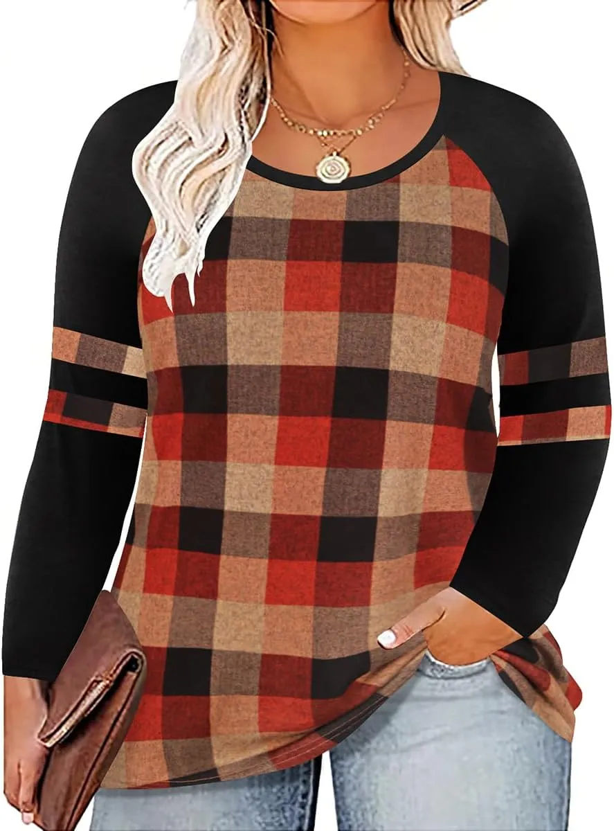 CARCOS Plus Size Tops for Women Long Sleeve Fall Tunic Color Block Camo/Plaid/Leopard/Fall Blouse Crewneck Tshirt XL-5XL