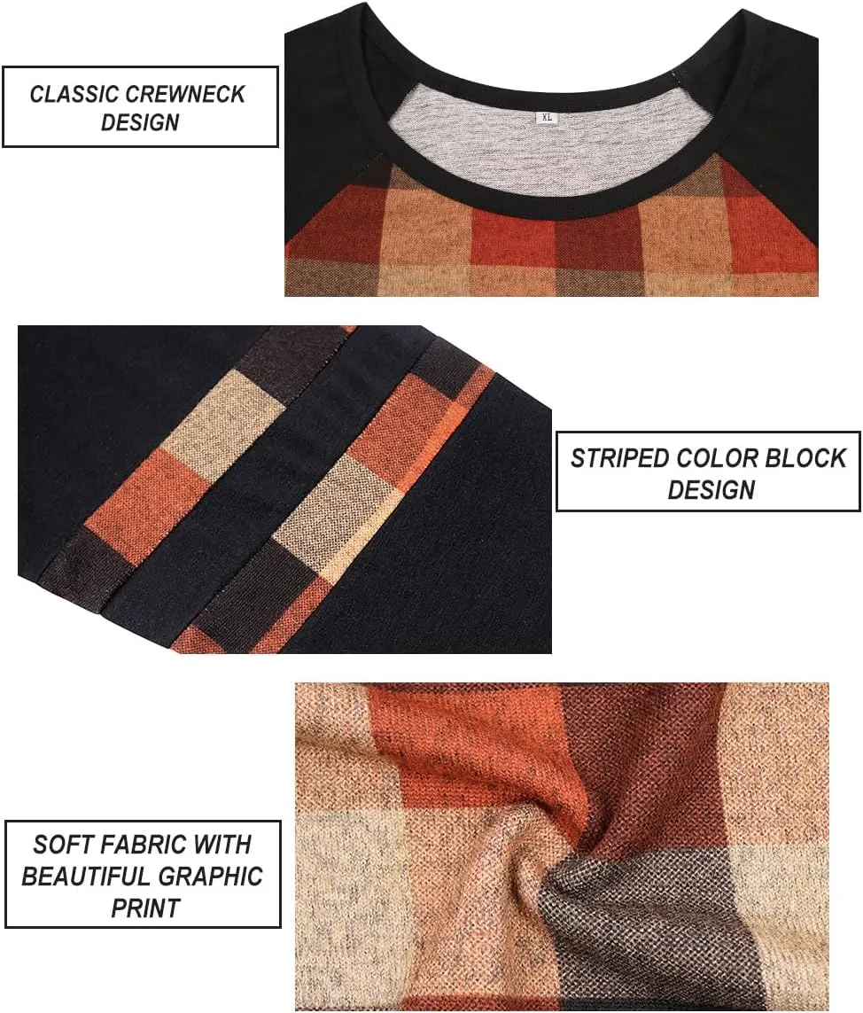 CARCOS Plus Size Tops for Women Long Sleeve Fall Tunic Color Block Camo/Plaid/Leopard/Fall Blouse Crewneck Tshirt XL-5XL