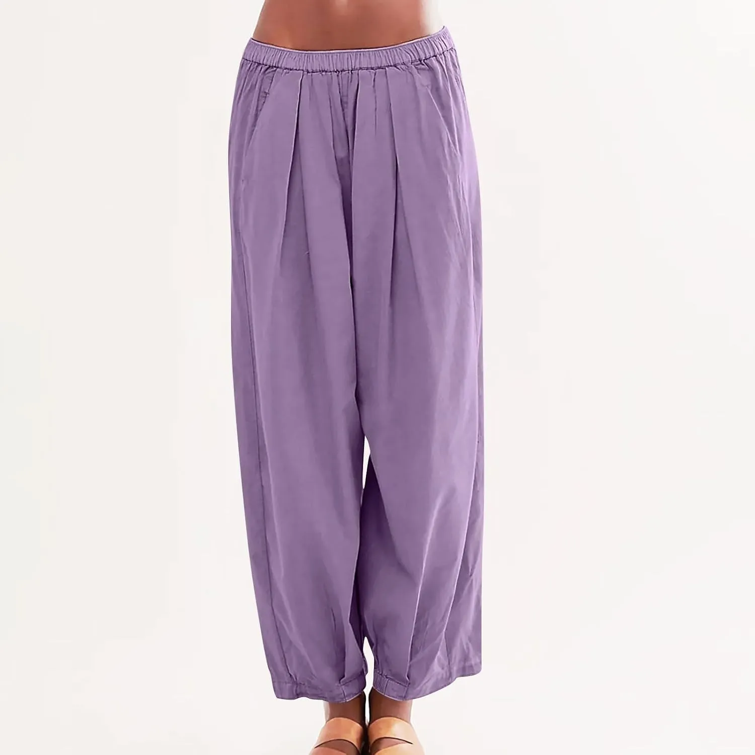 Casual Cotton Linen Pants Womens Classic Wide Leg Slacks Trendy Elastic Waist Pant Summer Loose Flowy Lounge Trousers