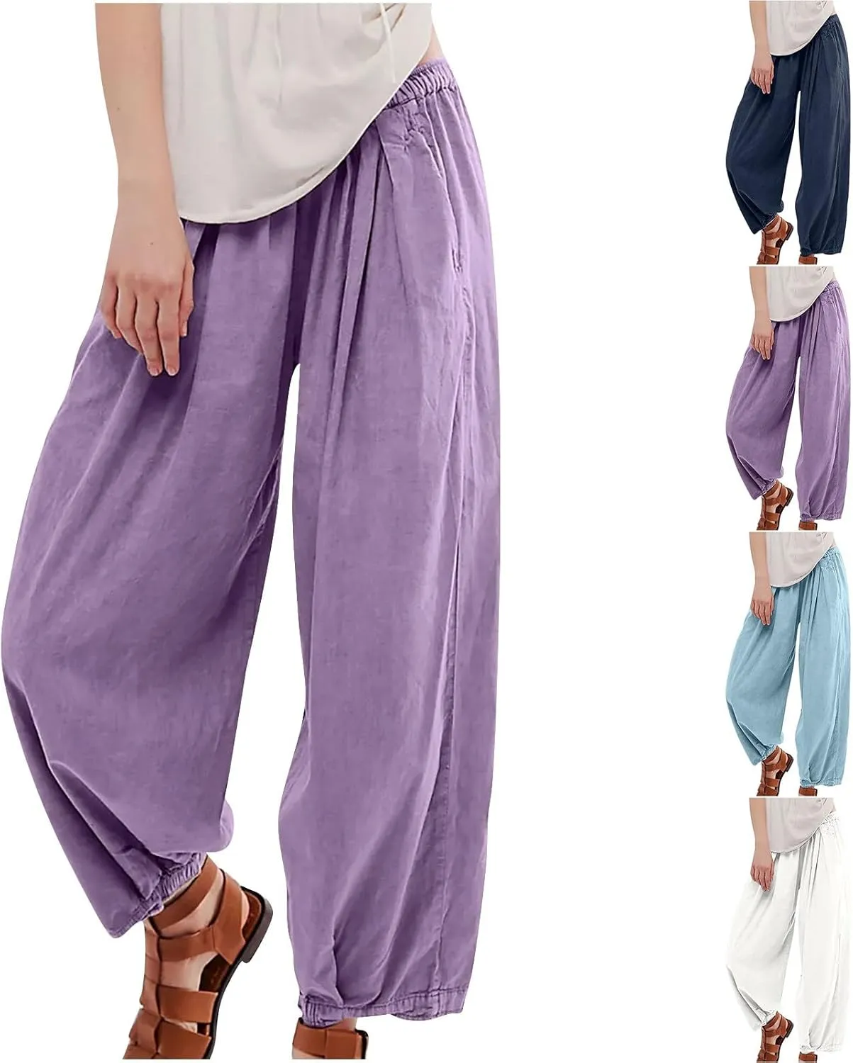 Casual Cotton Linen Pants Womens Classic Wide Leg Slacks Trendy Elastic Waist Pant Summer Loose Flowy Lounge Trousers