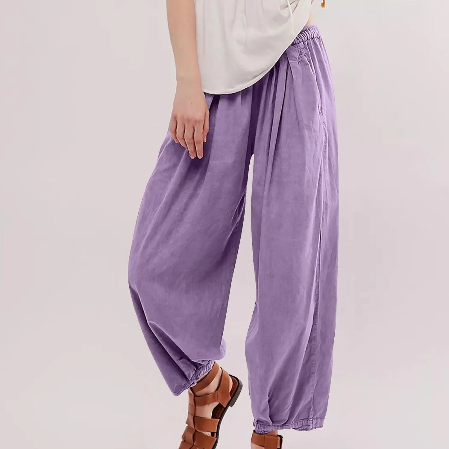 Casual Cotton Linen Pants Womens Classic Wide Leg Slacks Trendy Elastic Waist Pant Summer Loose Flowy Lounge Trousers