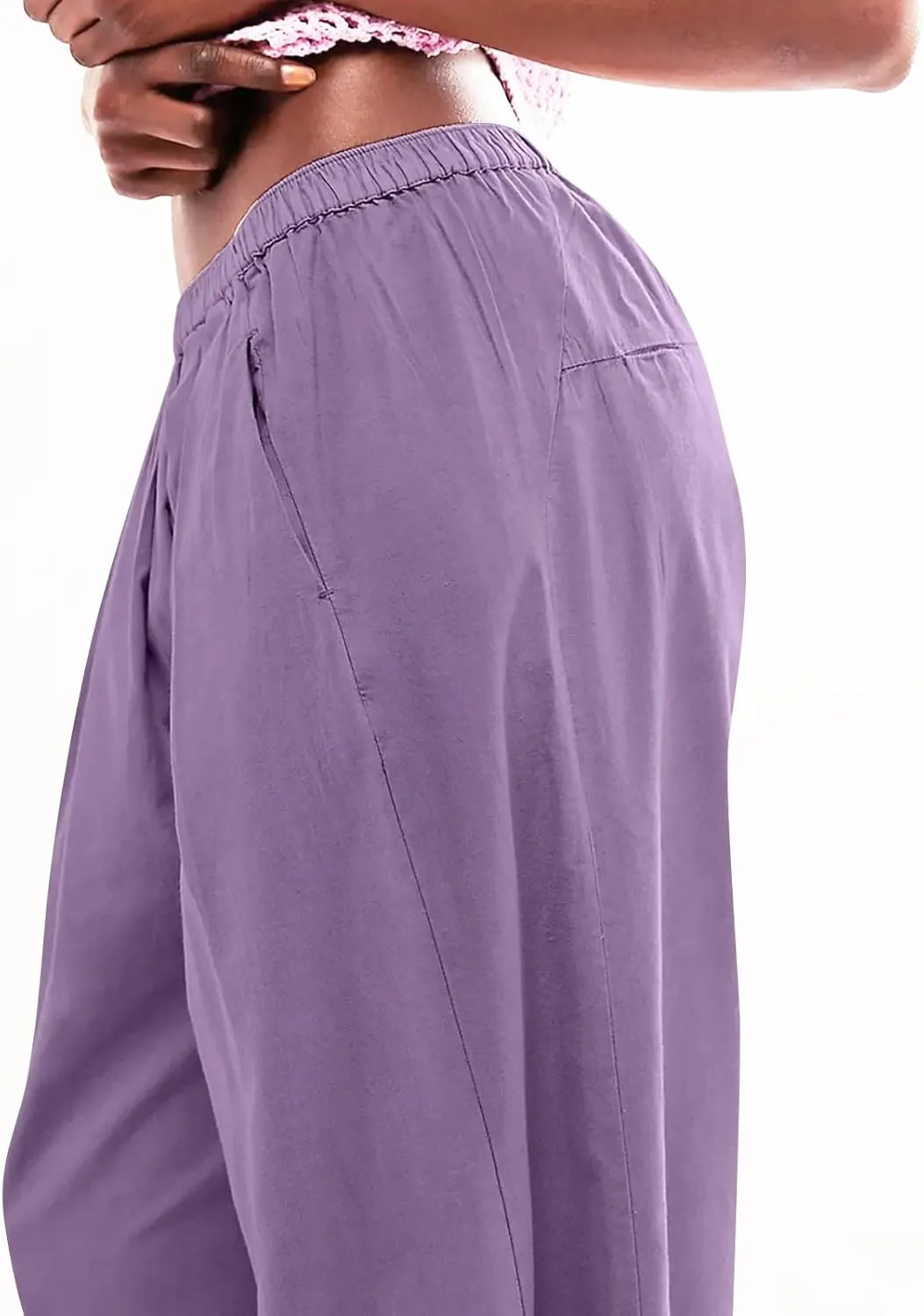 Casual Cotton Linen Pants Womens Classic Wide Leg Slacks Trendy Elastic Waist Pant Summer Loose Flowy Lounge Trousers