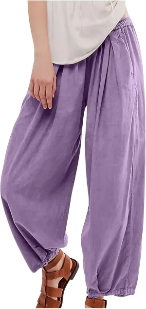 Casual Cotton Linen Pants Womens Classic Wide Leg Slacks Trendy Elastic Waist Pant Summer Loose Flowy Lounge Trousers