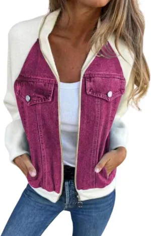 CHARTOU Women Bomber Jacket Zip Up Denim Patchwork Varsity Baseball Denim Jacket