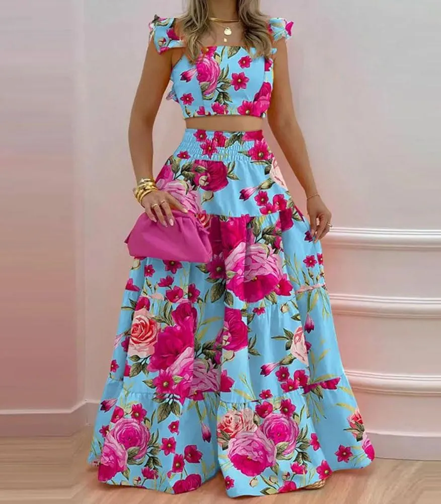 chouyatou Women's 2 Piece Outfits Spaghetti Strap Crop Top and Smocked Waist Ruffle Swing Long Skirt Set