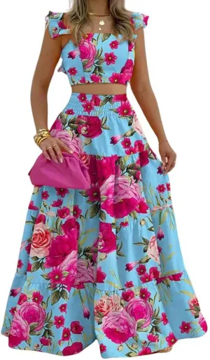chouyatou Women's 2 Piece Outfits Spaghetti Strap Crop Top and Smocked Waist Ruffle Swing Long Skirt Set