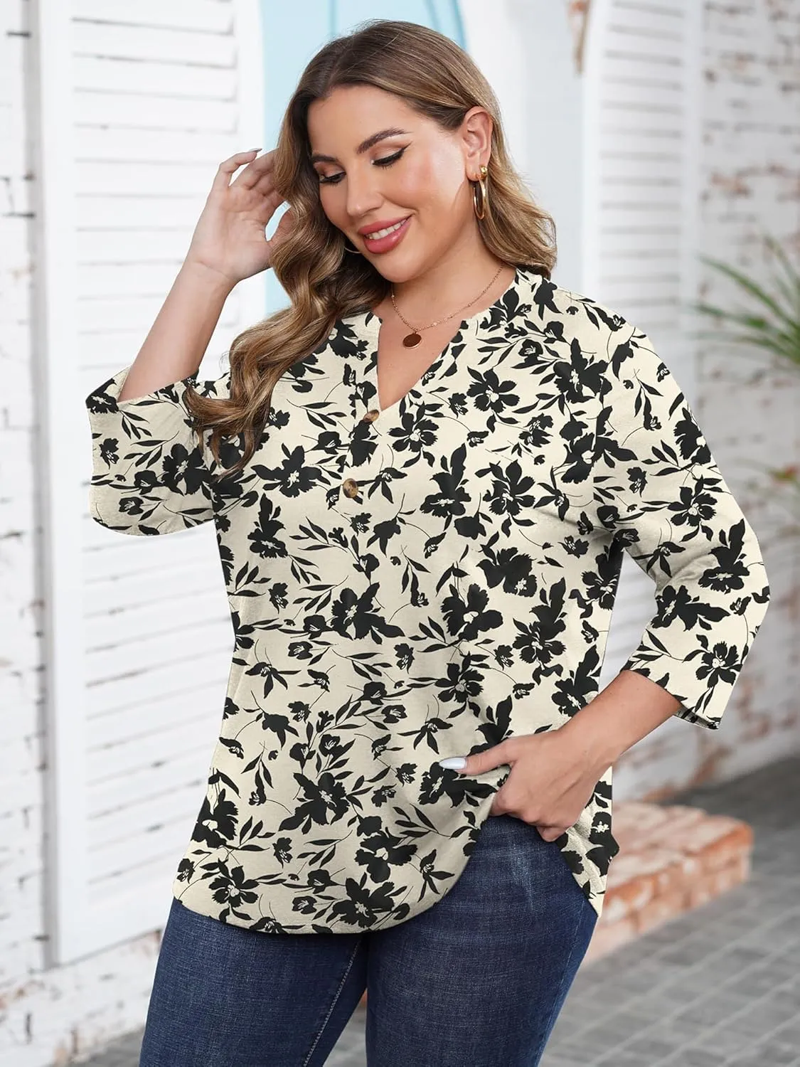 Chulianyouhuo Womens Plus Size 3/4 Sleeve Tops Casual V Neck Button Tee Shirts Basic Loose Fit Tunic Blouse