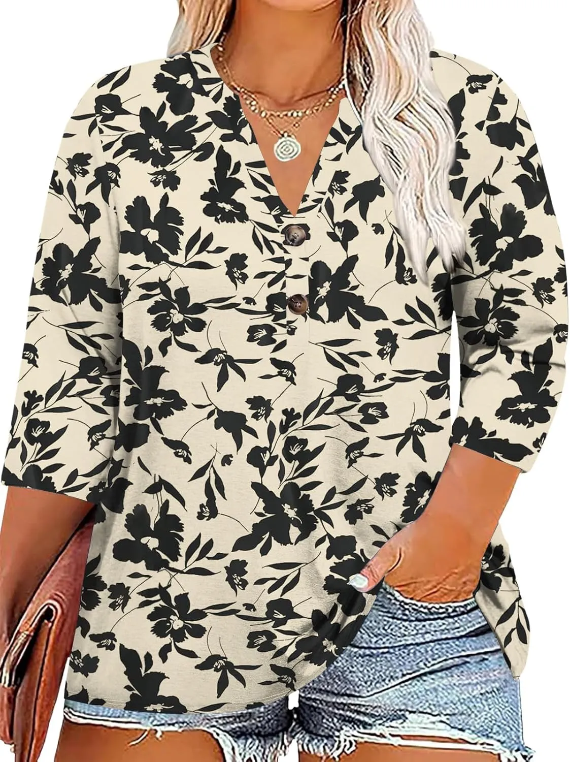 Chulianyouhuo Womens Plus Size 3/4 Sleeve Tops Casual V Neck Button Tee Shirts Basic Loose Fit Tunic Blouse