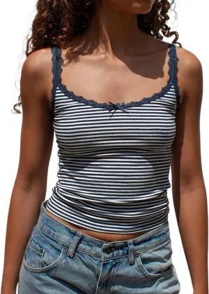 Cioatin Women Cute Y2K Lace Patchwork Striped Bow Crop Cami Tops Sleeveless Tight Fit Preppy Aesthetic Tank Going Out