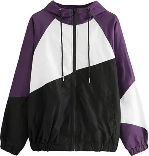 Color Block Drawstring Hoodies for Women Zip Up Sport Lightweight Jacket Fall Windproof Windbreaker with Pockets