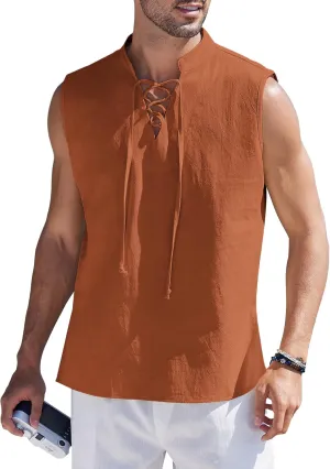 COOFANDY Men Tank Top Cotton Linen Beach Sleeveless Shirt Lace Up Bohemian Hippie Renaissance Pirate Kilt Medieval Tunic