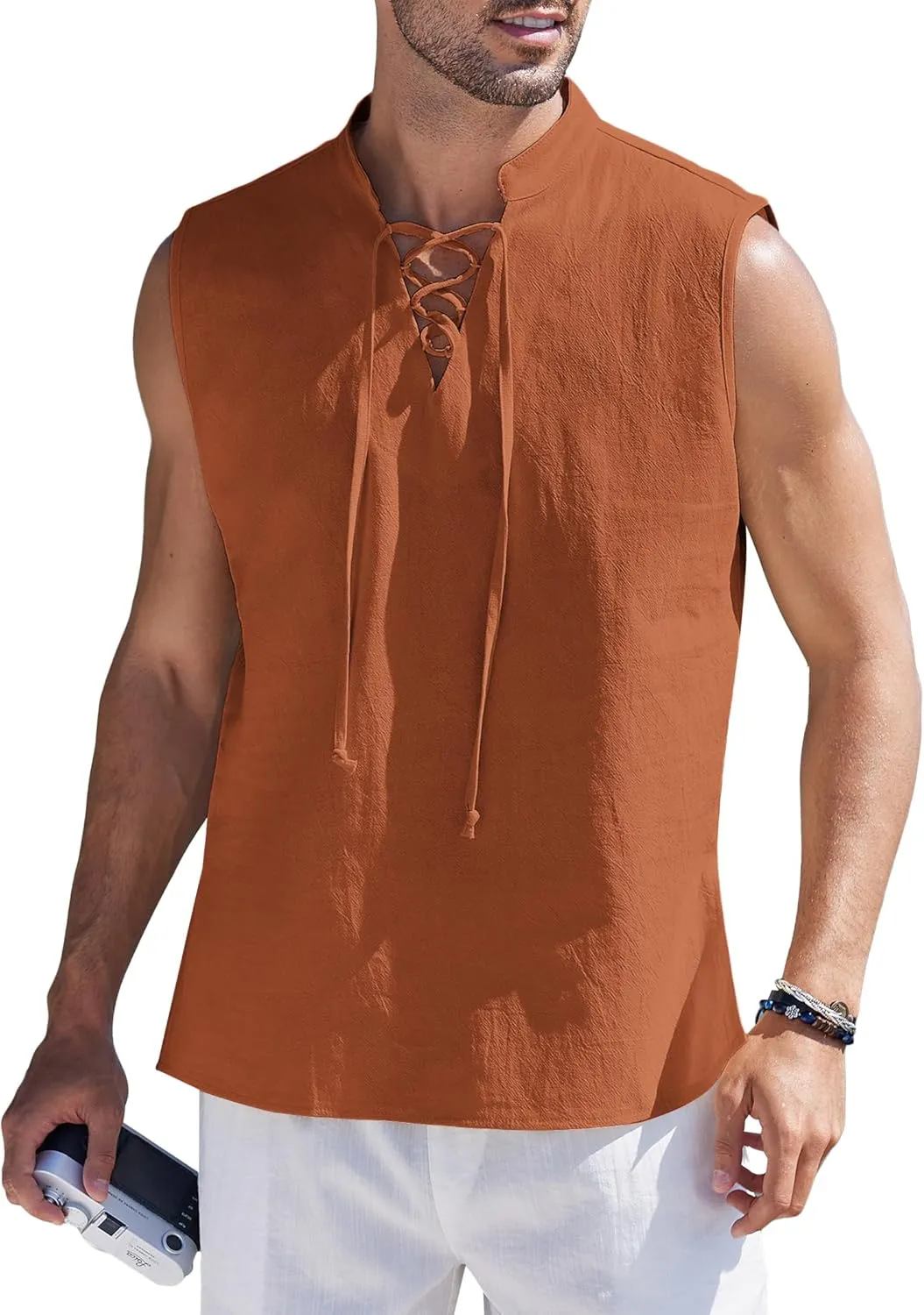 COOFANDY Men Tank Top Cotton Linen Beach Sleeveless Shirt Lace Up Bohemian Hippie Renaissance Pirate Kilt Medieval Tunic