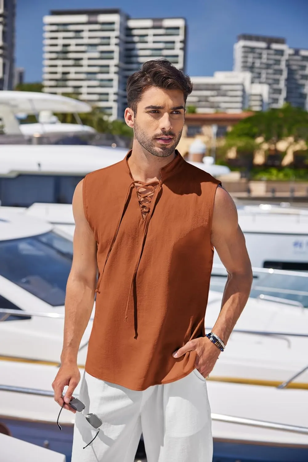 COOFANDY Men Tank Top Cotton Linen Beach Sleeveless Shirt Lace Up Bohemian Hippie Renaissance Pirate Kilt Medieval Tunic