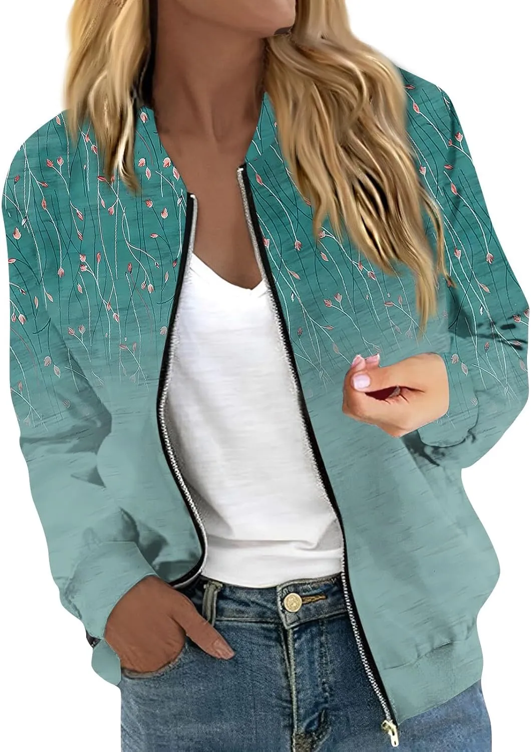 COTECRAM Bomber Jacket Women 2024 Causal Floral Zip Up Coats Long Sleeve Stand Collar Fall Jackets Lightweight Outerwear Tops