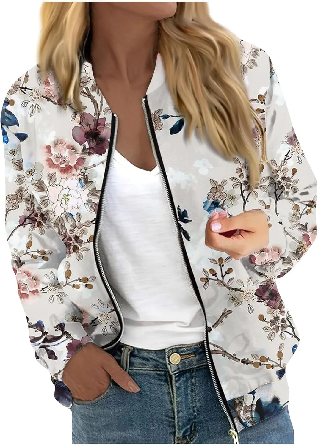 COTECRAM Bomber Jacket Women 2024 Causal Floral Zip Up Coats Long Sleeve Stand Collar Fall Jackets Lightweight Outerwear Tops