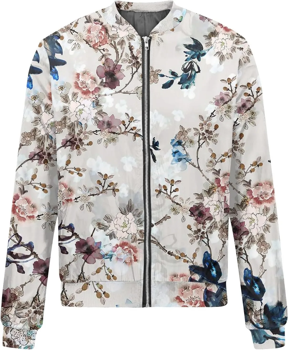 COTECRAM Bomber Jacket Women 2024 Causal Floral Zip Up Coats Long Sleeve Stand Collar Fall Jackets Lightweight Outerwear Tops
