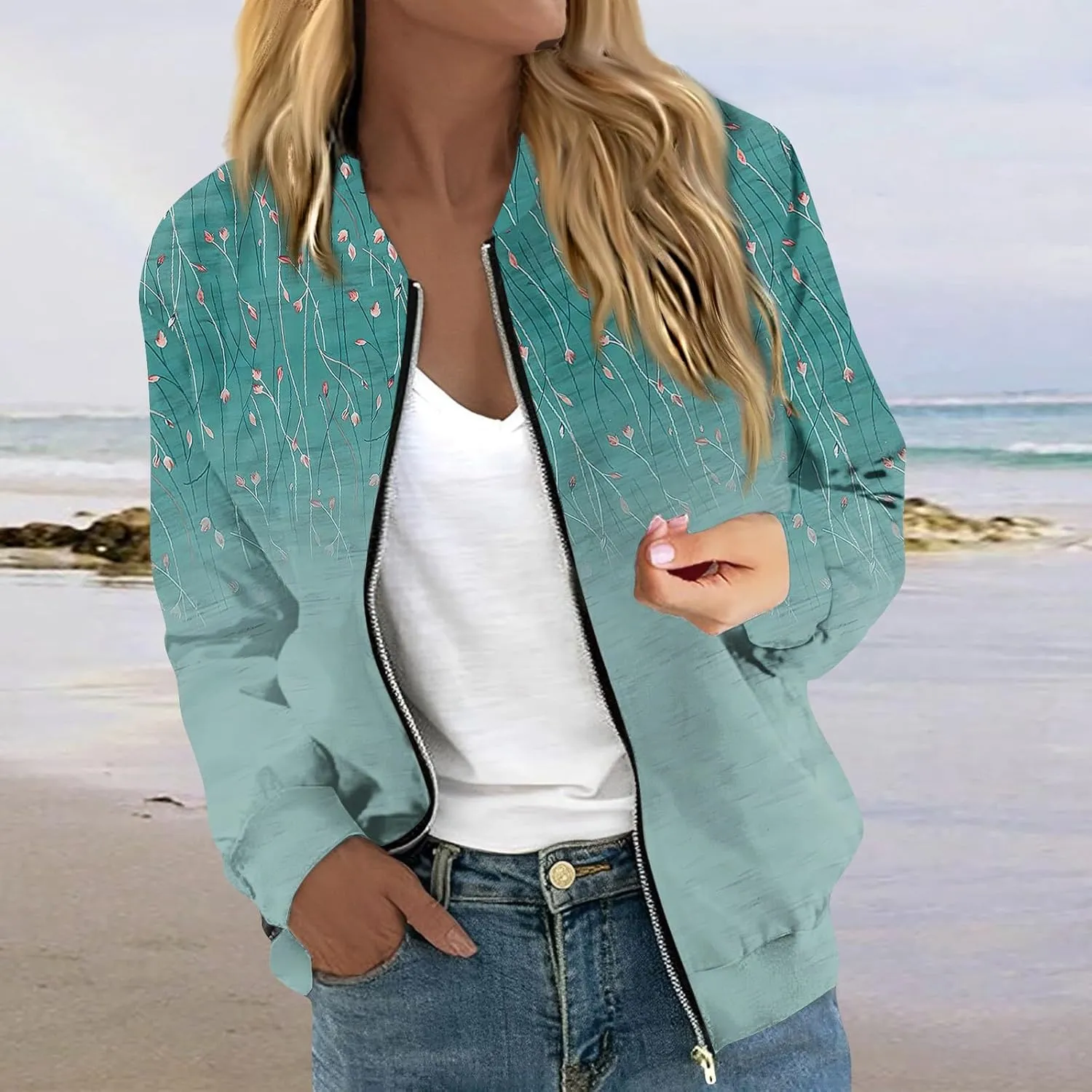 COTECRAM Bomber Jacket Women 2024 Causal Floral Zip Up Coats Long Sleeve Stand Collar Fall Jackets Lightweight Outerwear Tops